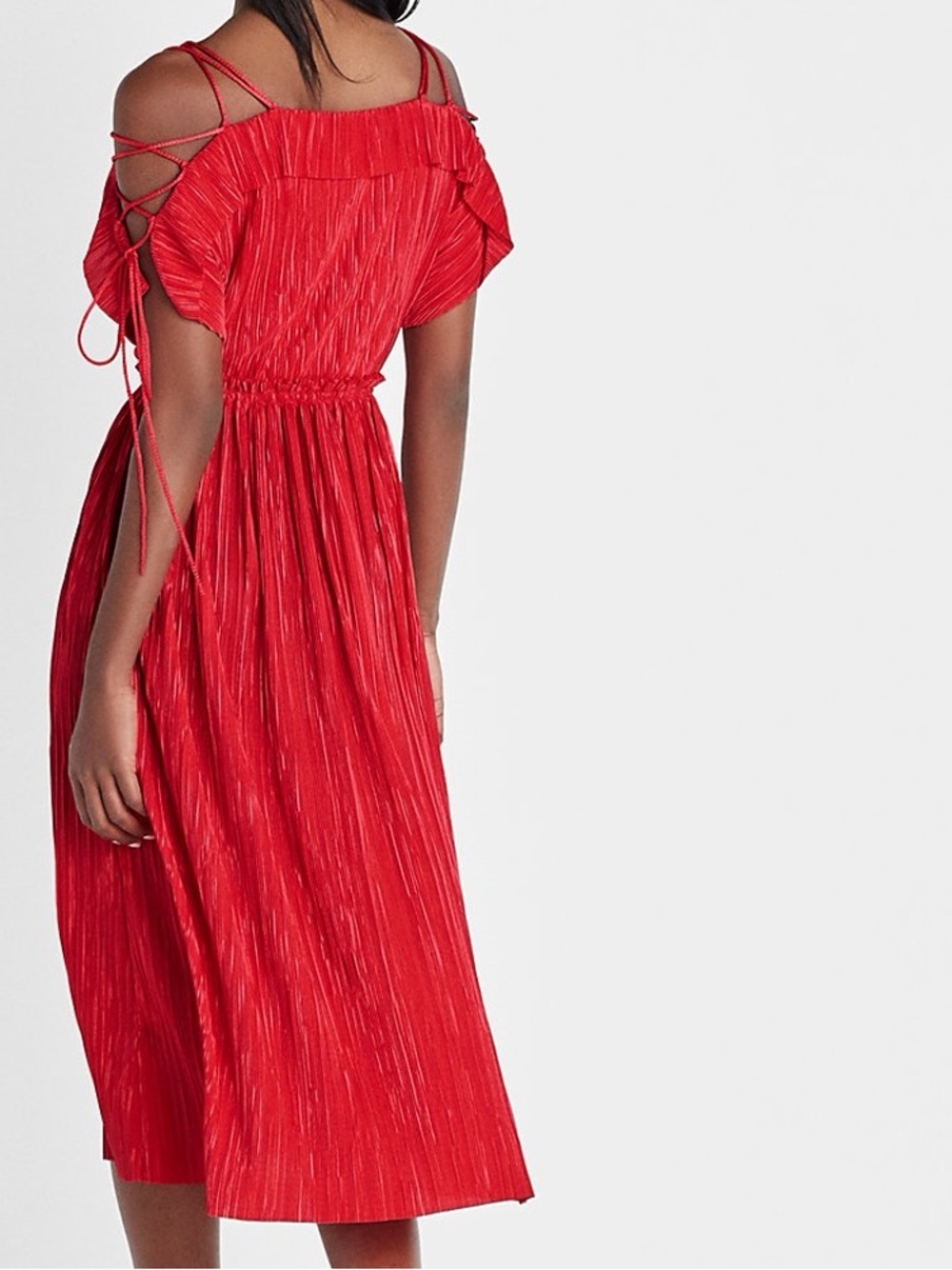 Red Express Pleated Cold Shoulder Midi Dress